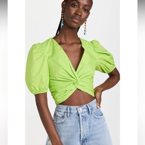 English Factory Twist Detail Puff Sleeve Top in Lime
